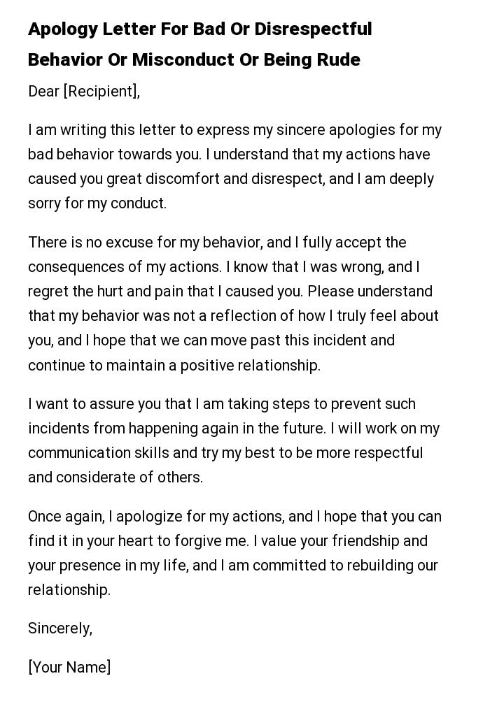 Apology Letter For Bad Or Disrespectful Behavior Or Misconduct Or Being Rude