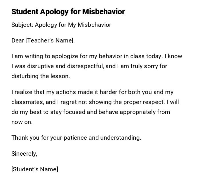 Student Apology for Misbehavior Student Apology for Misbehavior