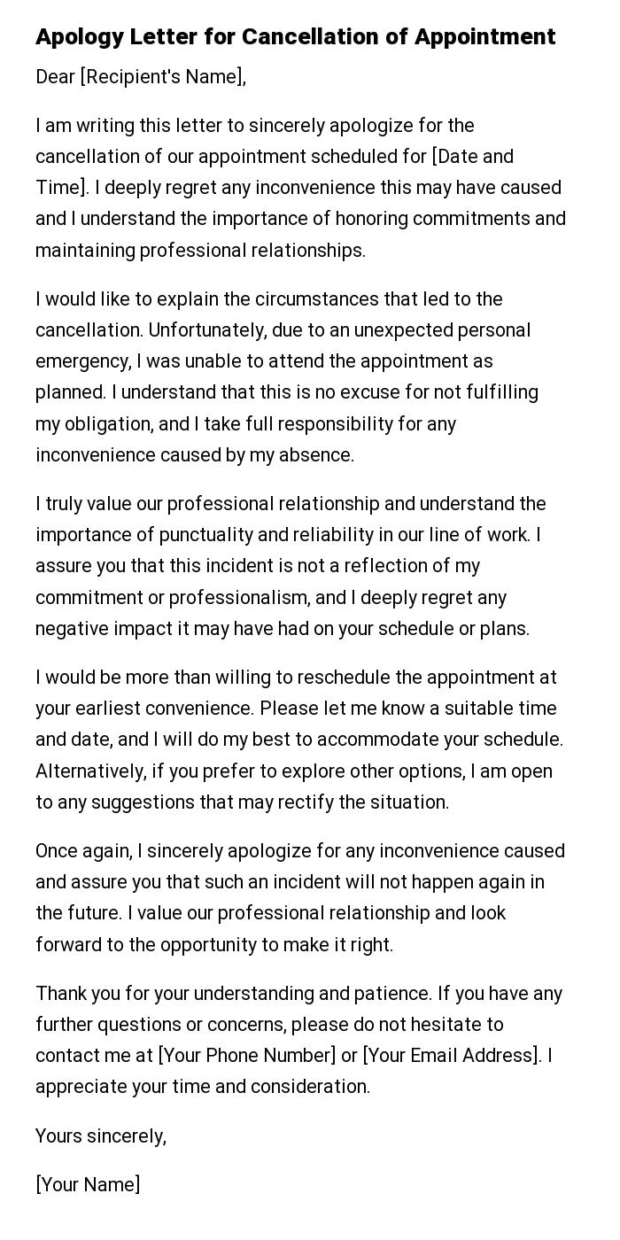 Apology Letter for Cancellation of Appointment