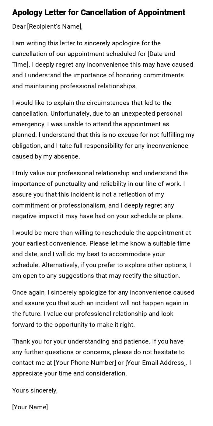 Apology Letter for Cancellation of Appointment