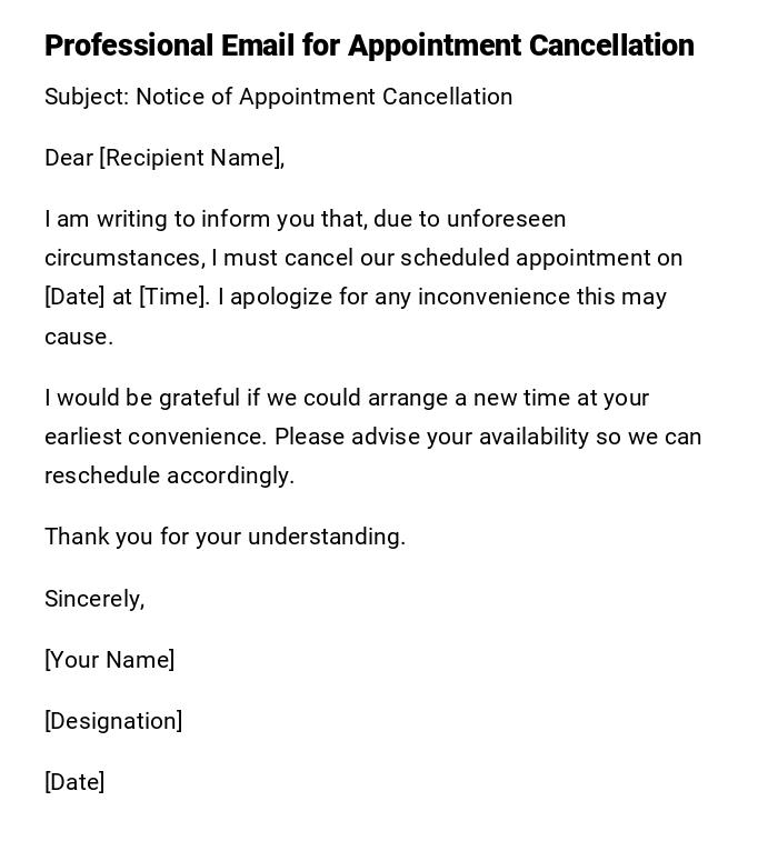 Professional Email for Appointment Cancellation Professional Email for Appointment Cancellation