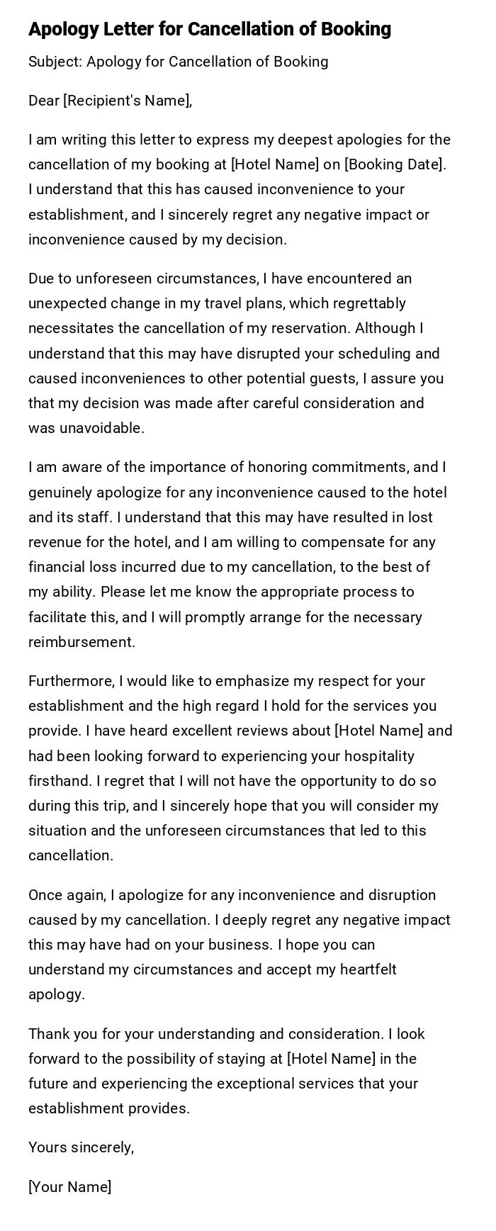 Apology Letter for Cancellation of Booking