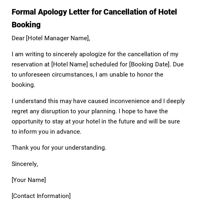 Formal Apology Letter for Cancellation of Hotel Booking
