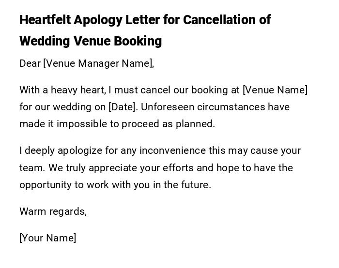 Heartfelt Apology Letter for Cancellation of Wedding Venue Booking