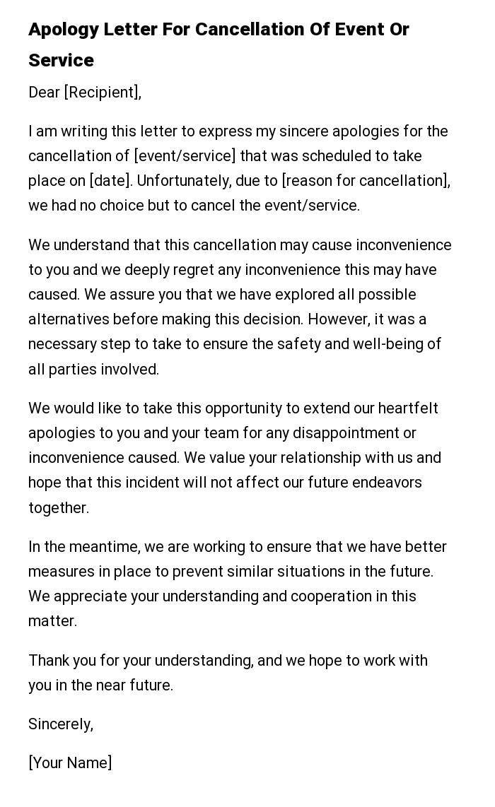 Apology Letter For Cancellation Of Event Or Service