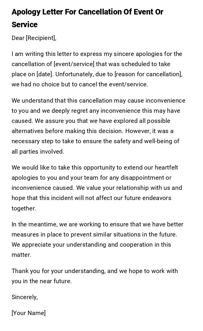 Apology Letter For Cancellation Of Event Or Service