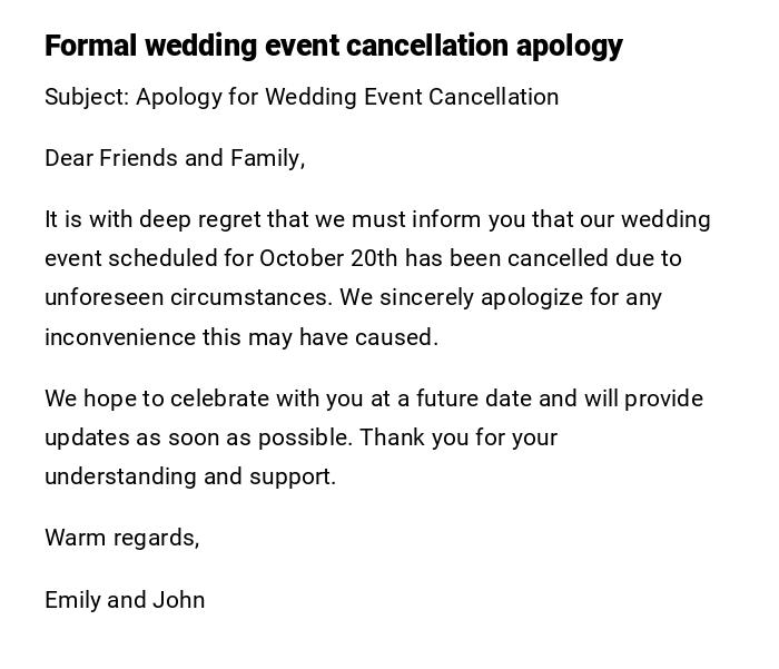 Formal wedding event cancellation apology Formal wedding event cancellation apology