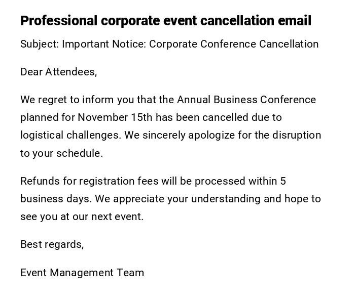 Professional corporate event cancellation email Professional corporate event cancellation email
