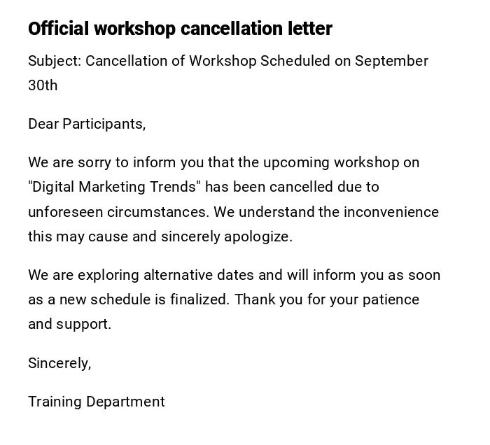 Official workshop cancellation letter Official workshop cancellation letter