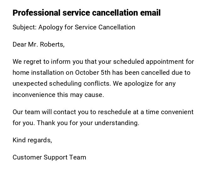 Professional service cancellation email Professional service cancellation email