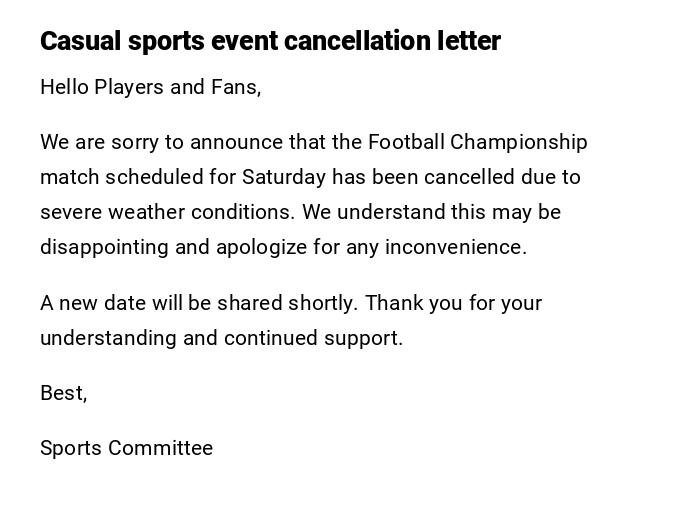 Casual sports event cancellation letter Casual sports event cancellation letter