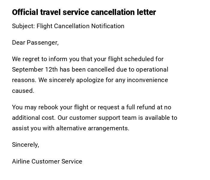 Official travel service cancellation letter Official travel service cancellation letter