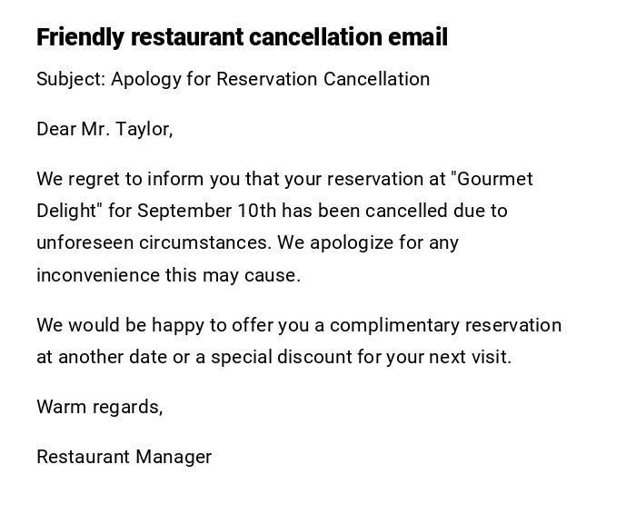Friendly restaurant cancellation email Friendly restaurant cancellation email