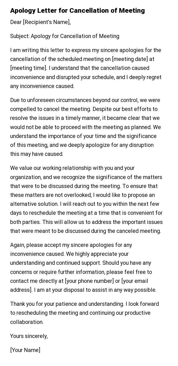 Apology Letter for Cancellation of Meeting