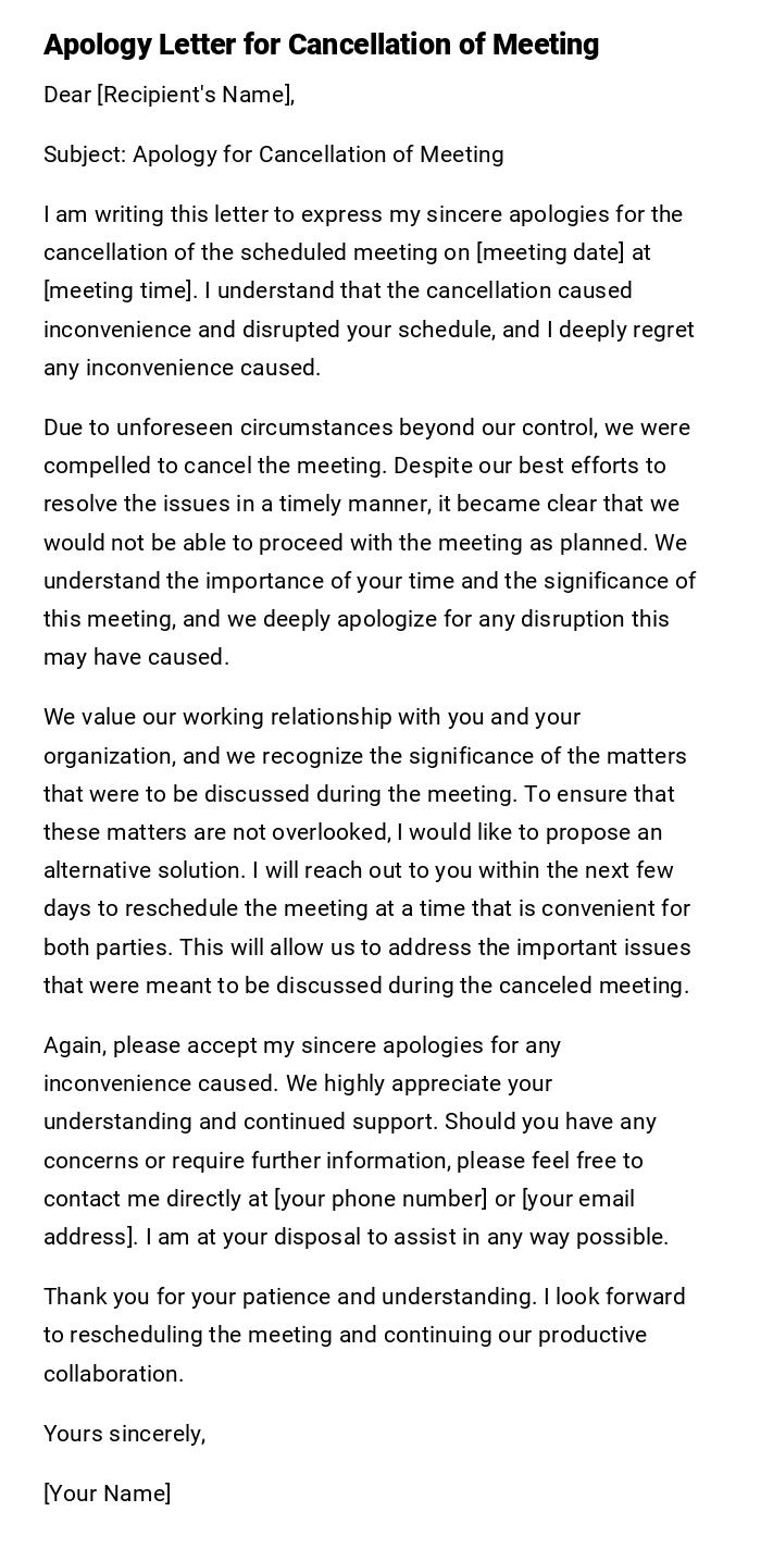 Apology Letter for Cancellation of Meeting