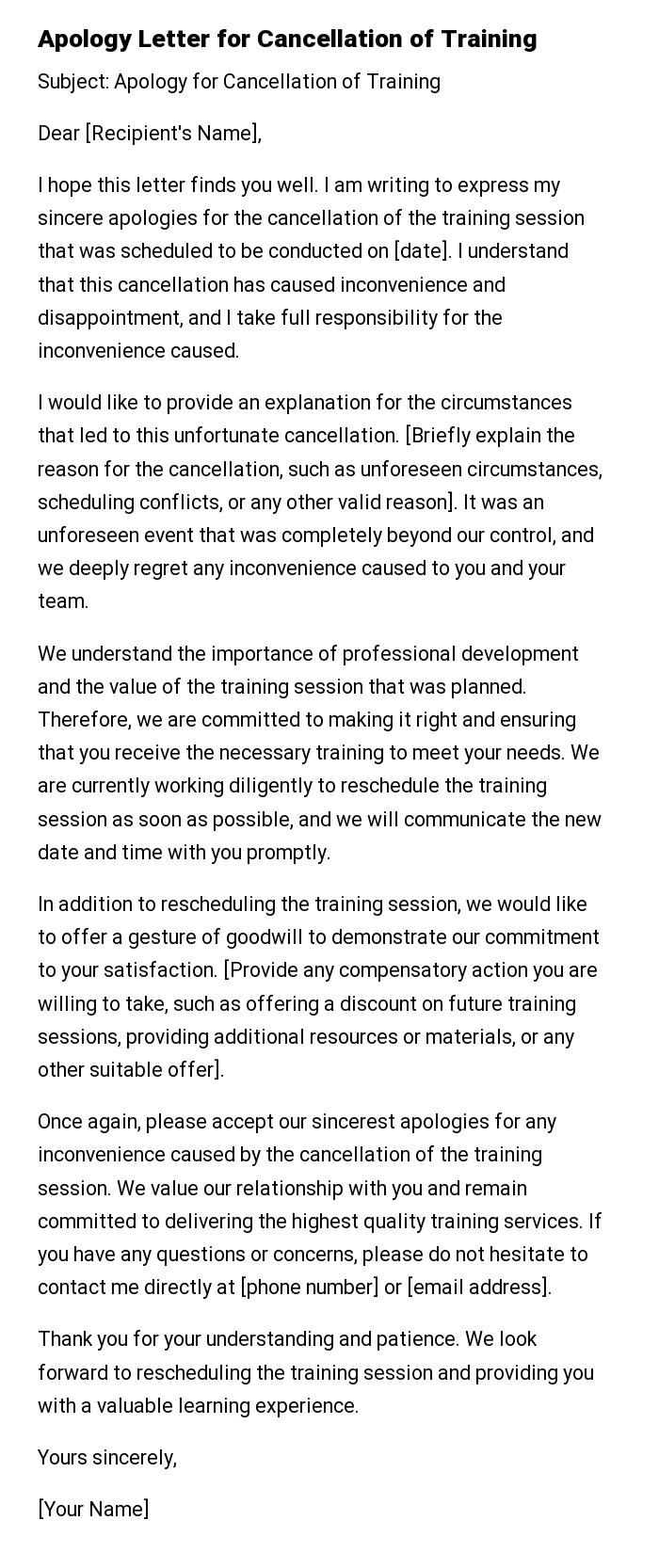 Apology Letter for Cancellation of Training