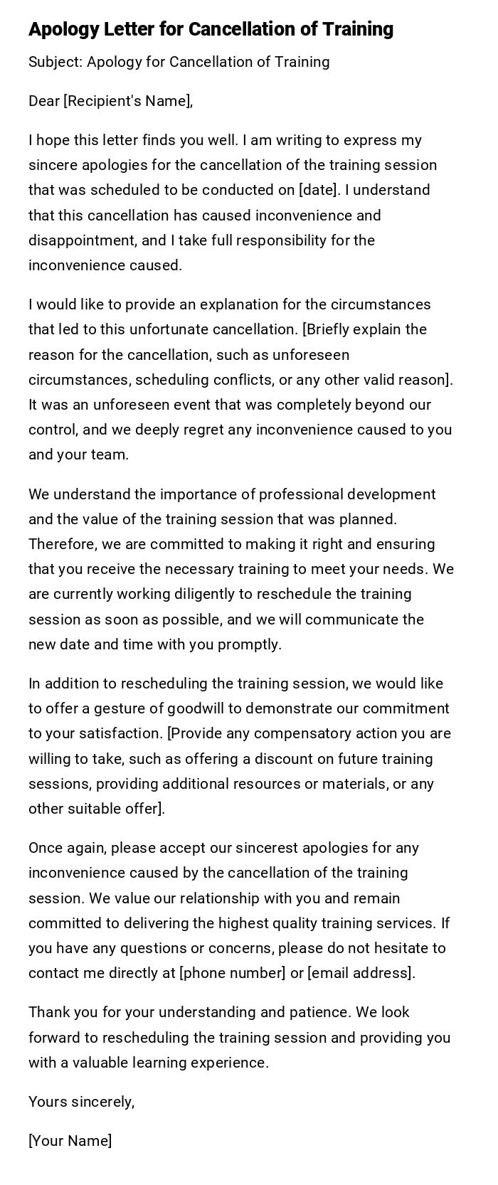 Apology Letter for Cancellation of Training