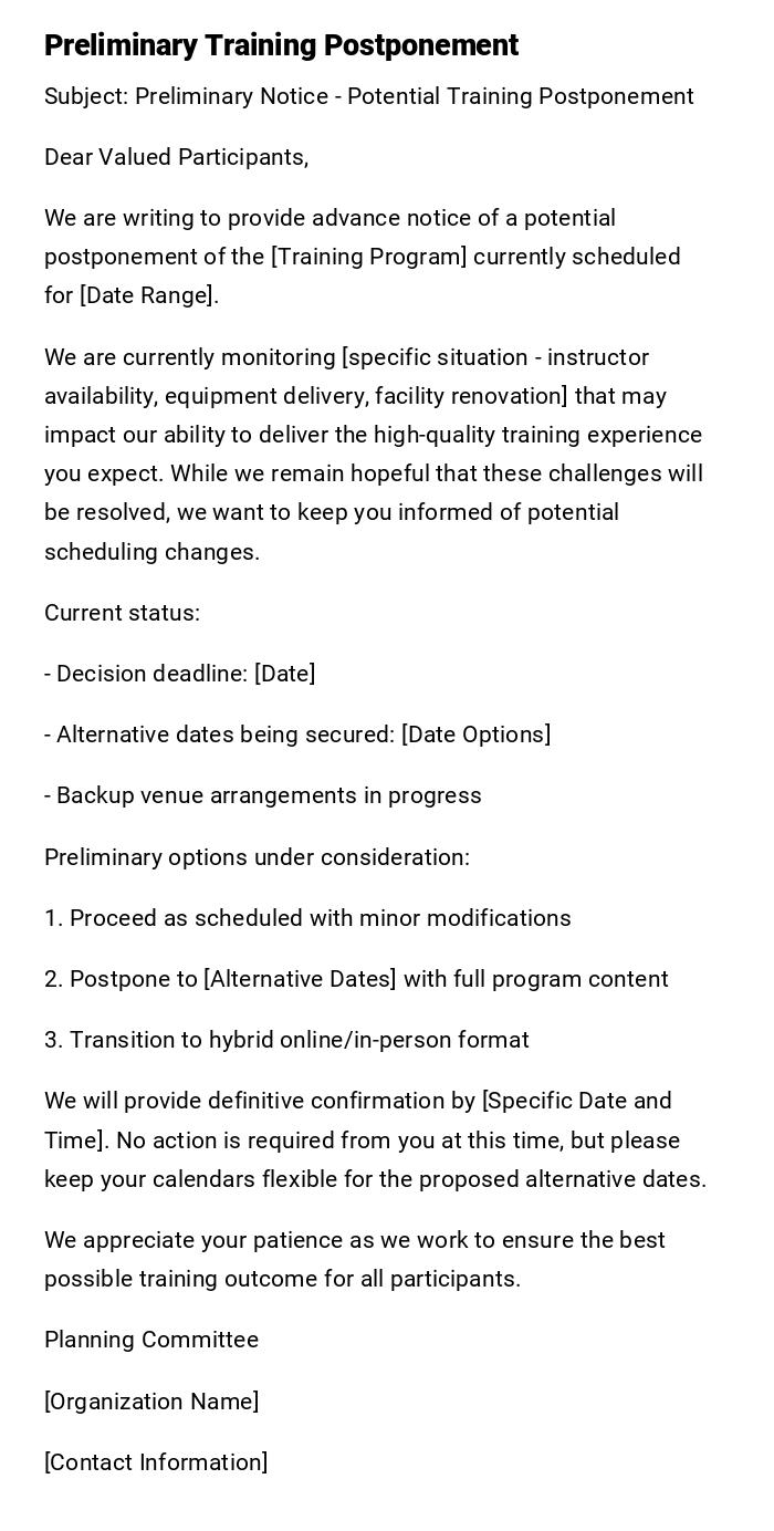 Preliminary Training Postponement Preliminary Training Postponement