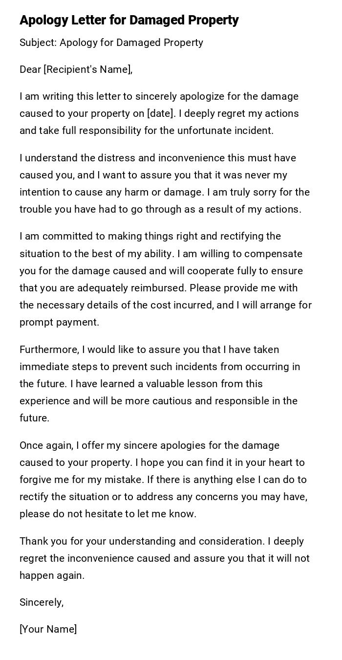 Apology Letter for Damaged Property