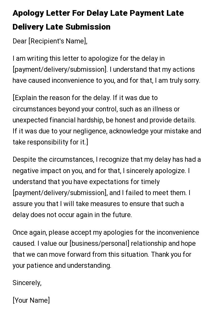 Apology Letter For Delay Late Payment Late Delivery Late Submission