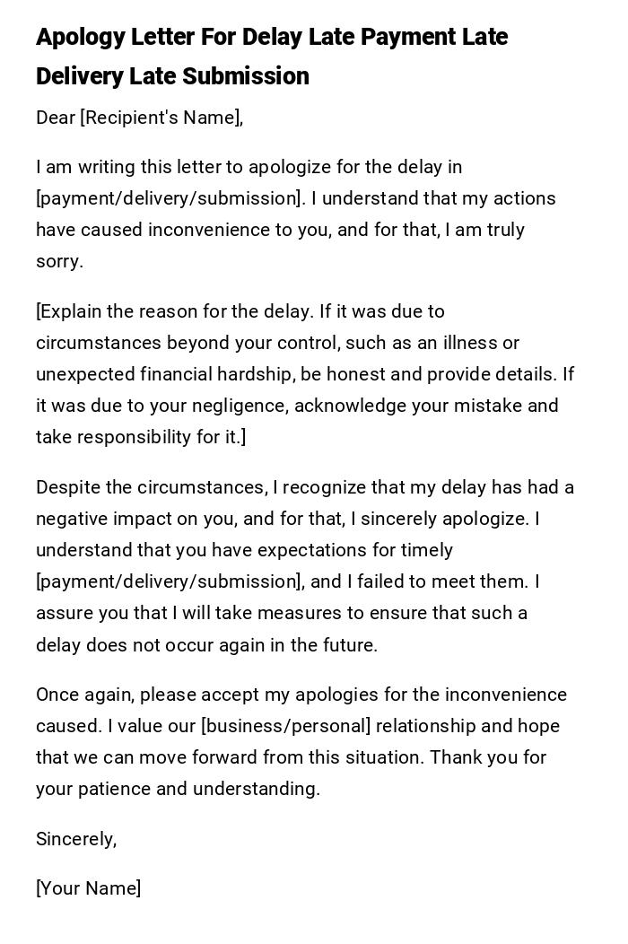 Apology Letter For Delay Late Payment Late Delivery Late Submission