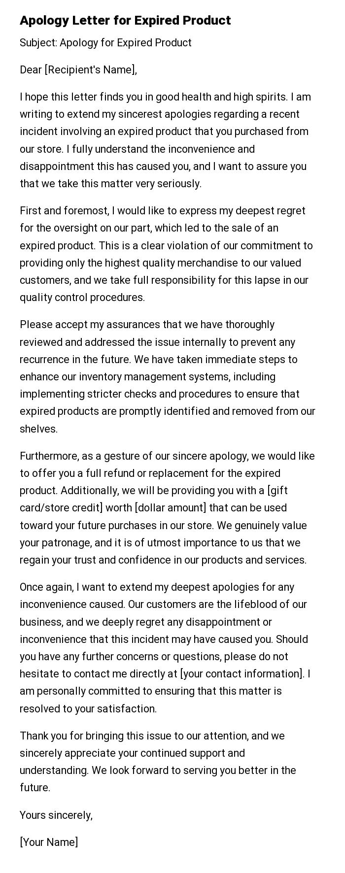 Apology Letter for Expired Product