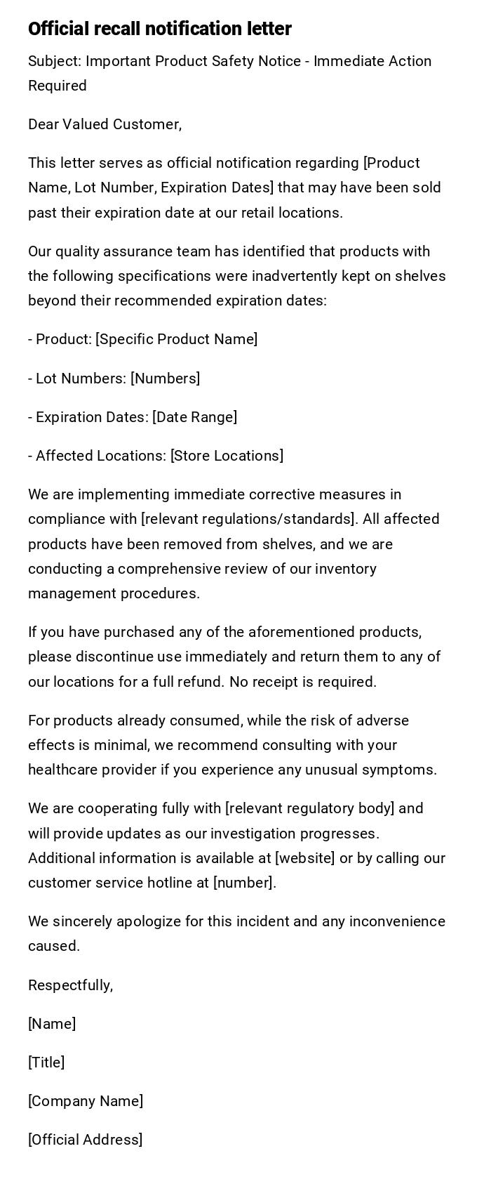 Official recall notification letter Official recall notification letter