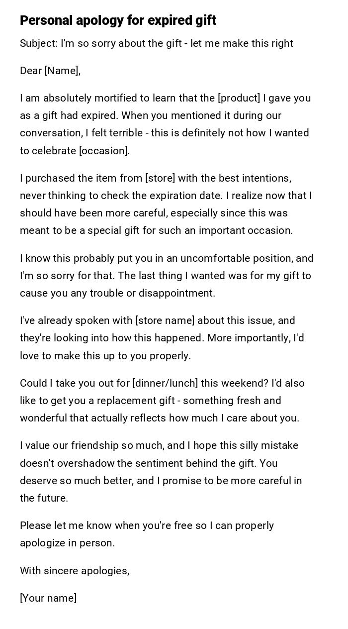 Personal apology for expired gift Personal apology for expired gift