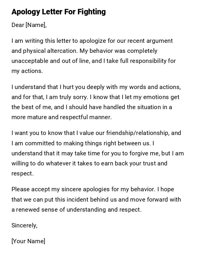 Apology Letter For Fighting