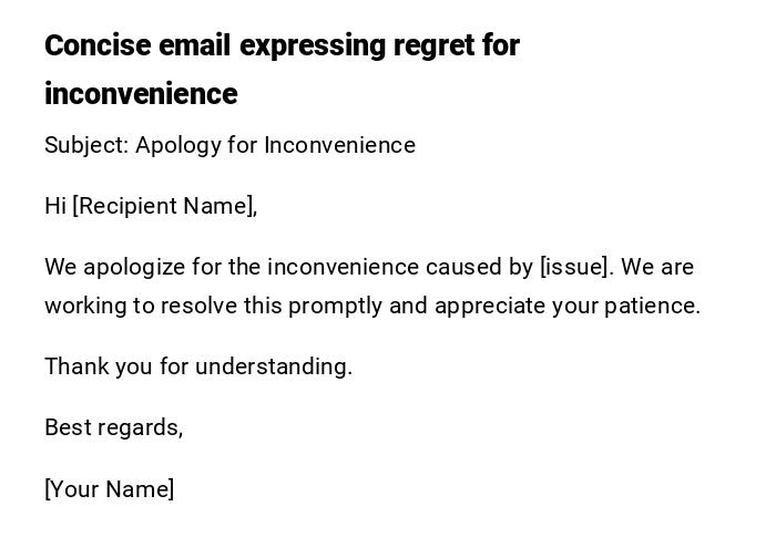 Concise email expressing regret for inconvenience Concise email expressing regret for inconvenience