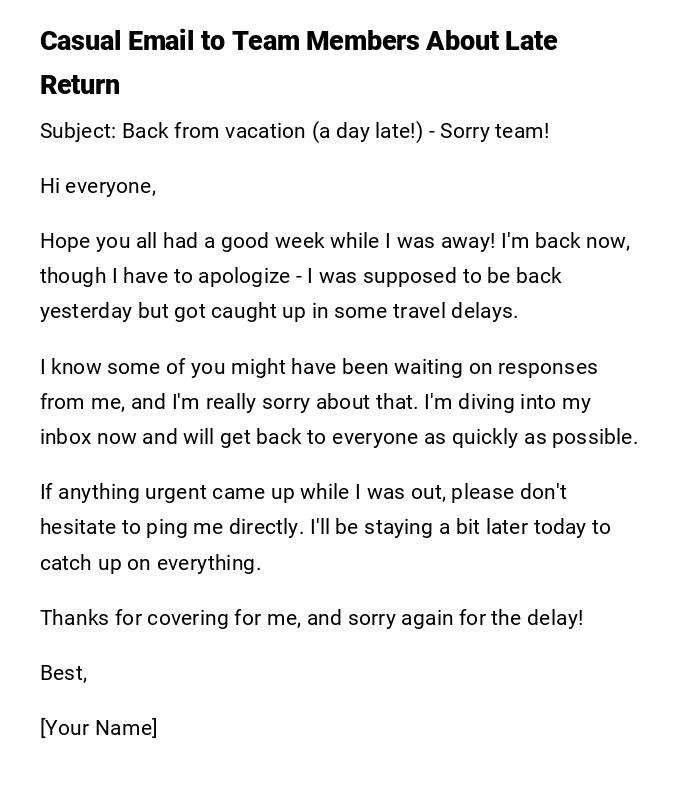 Casual Email to Team Members About Late Return Casual Email to Team Members About Late Return