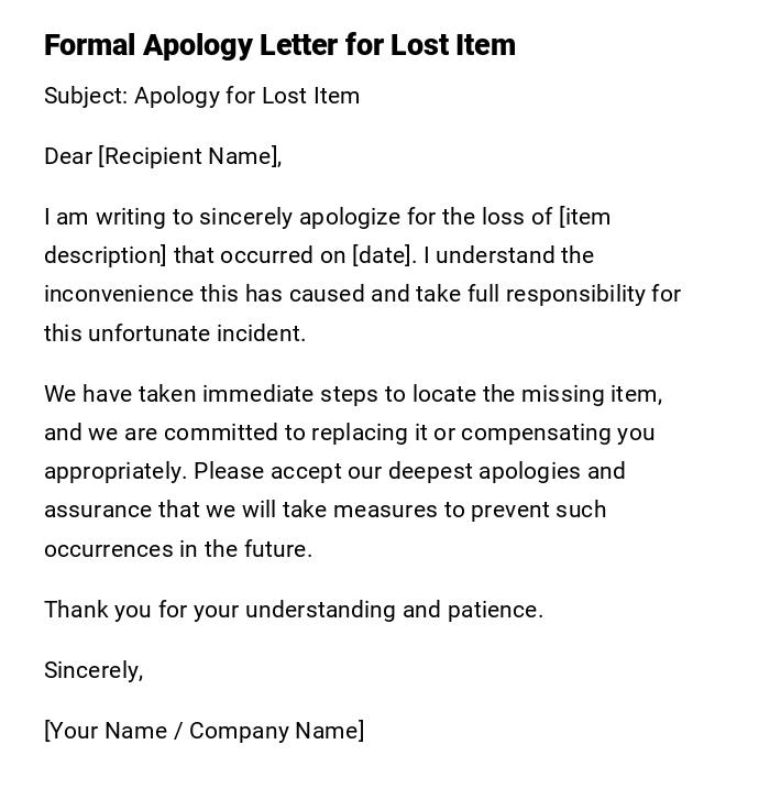 Formal Apology Letter for Lost Item Formal Apology Letter for Lost Item