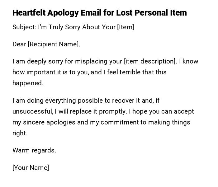 Heartfelt Apology Email for Lost Personal Item Heartfelt Apology Email for Lost Personal Item