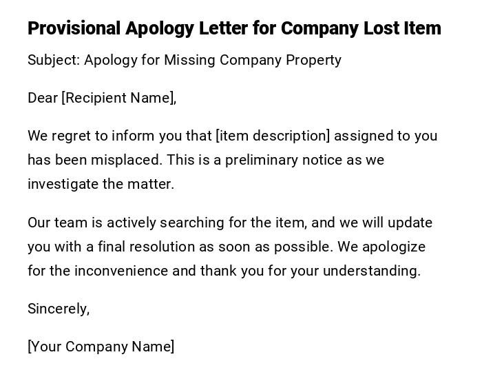 Provisional Apology Letter for Company Lost Item Provisional Apology Letter for Company Lost Item