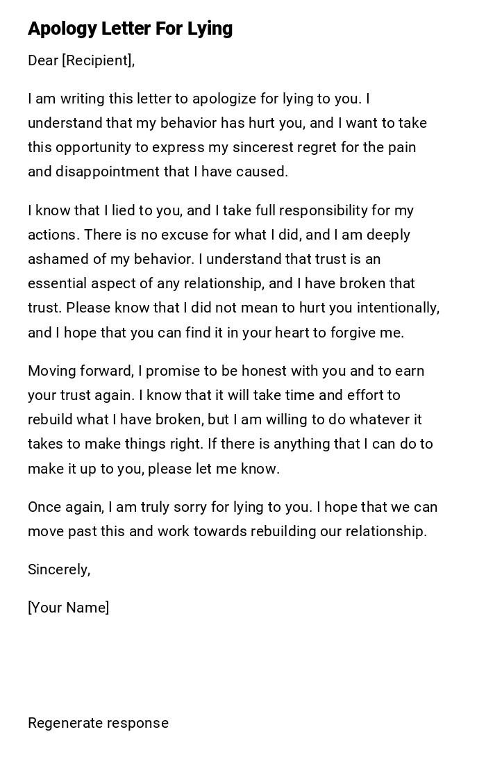 Apology Letter For Lying