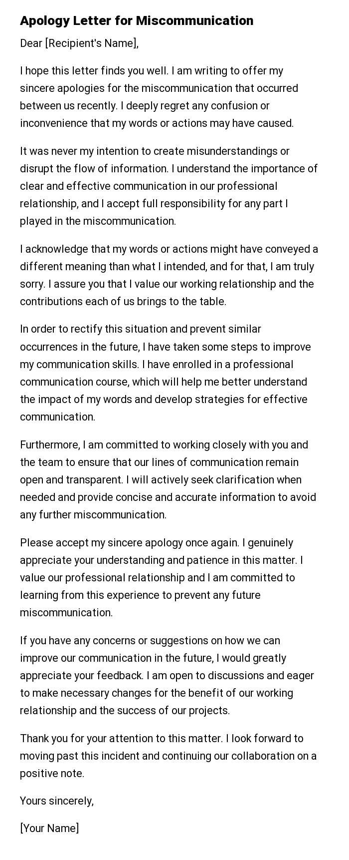 Apology Letter for Miscommunication