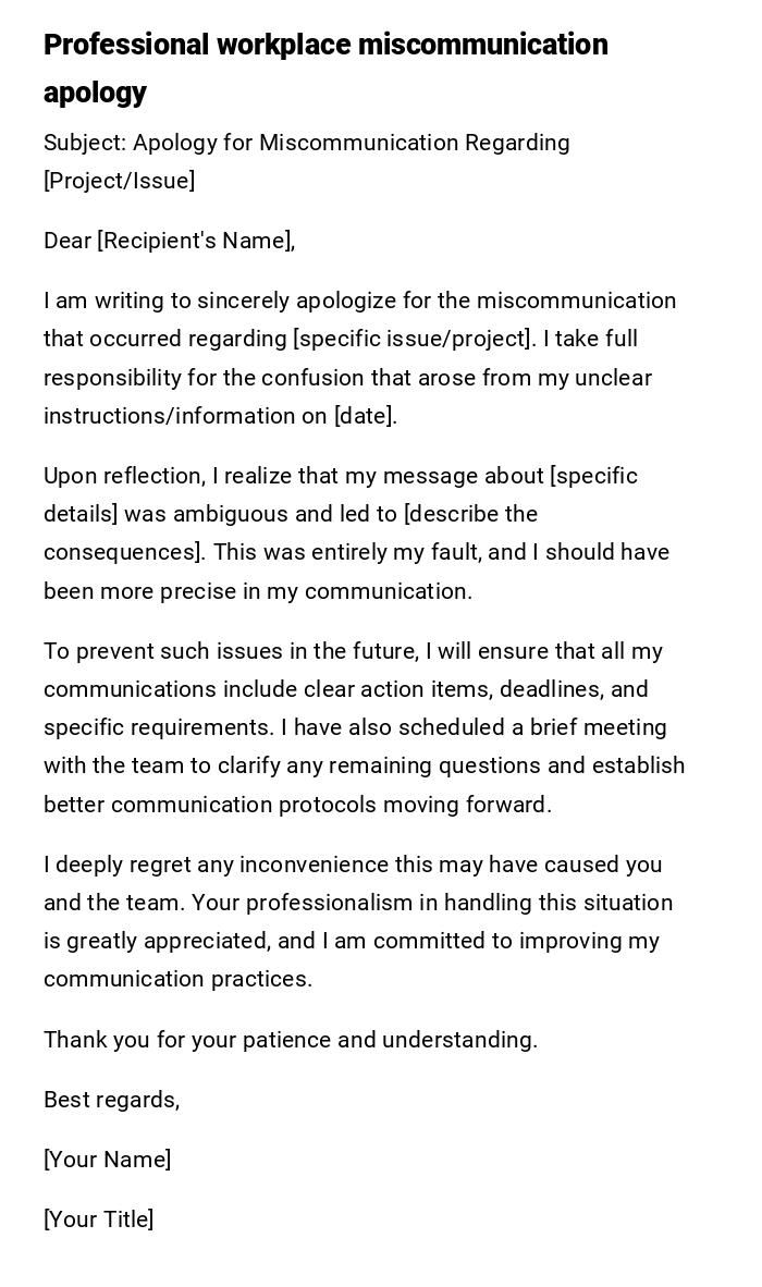 Professional workplace miscommunication apology
