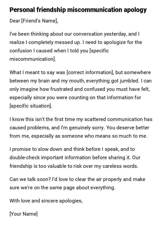 Personal friendship miscommunication apology