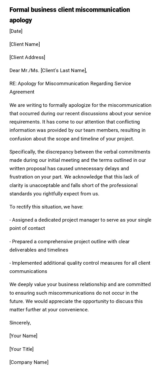 Formal business client miscommunication apology