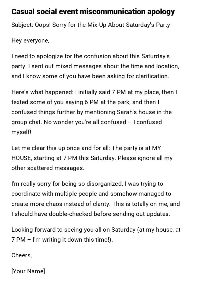 Casual social event miscommunication apology