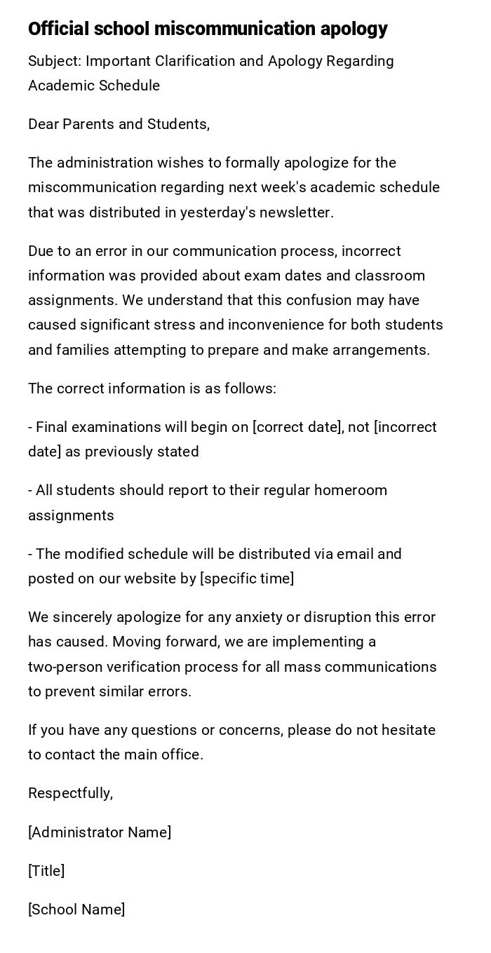 Official school miscommunication apology