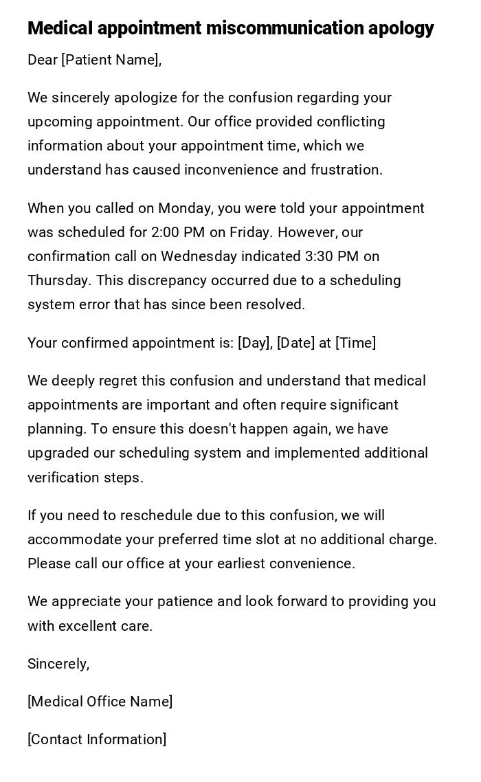 Medical appointment miscommunication apology