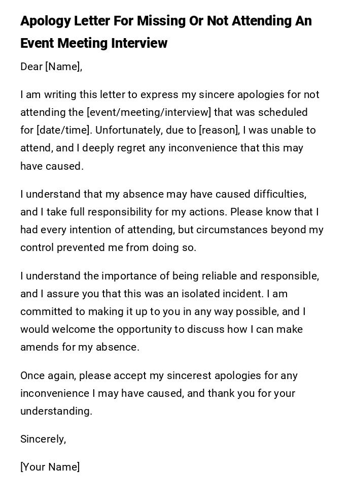 Apology Letter For Missing Or Not Attending An Event Meeting Interview