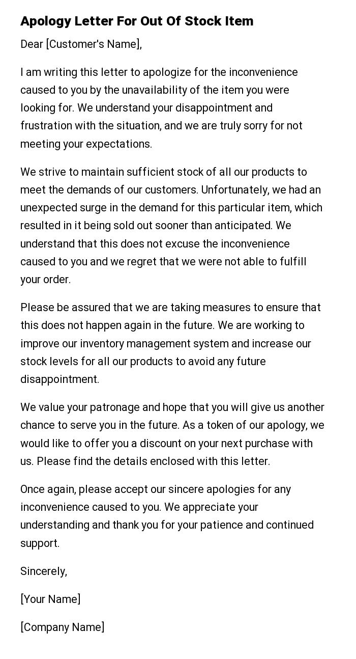 Apology Letter For Out Of Stock Item