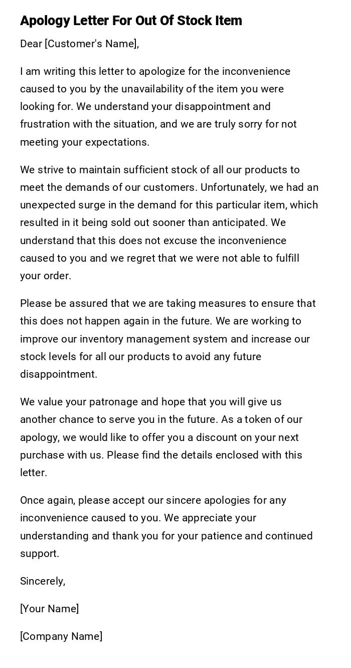 Apology Letter For Out Of Stock Item