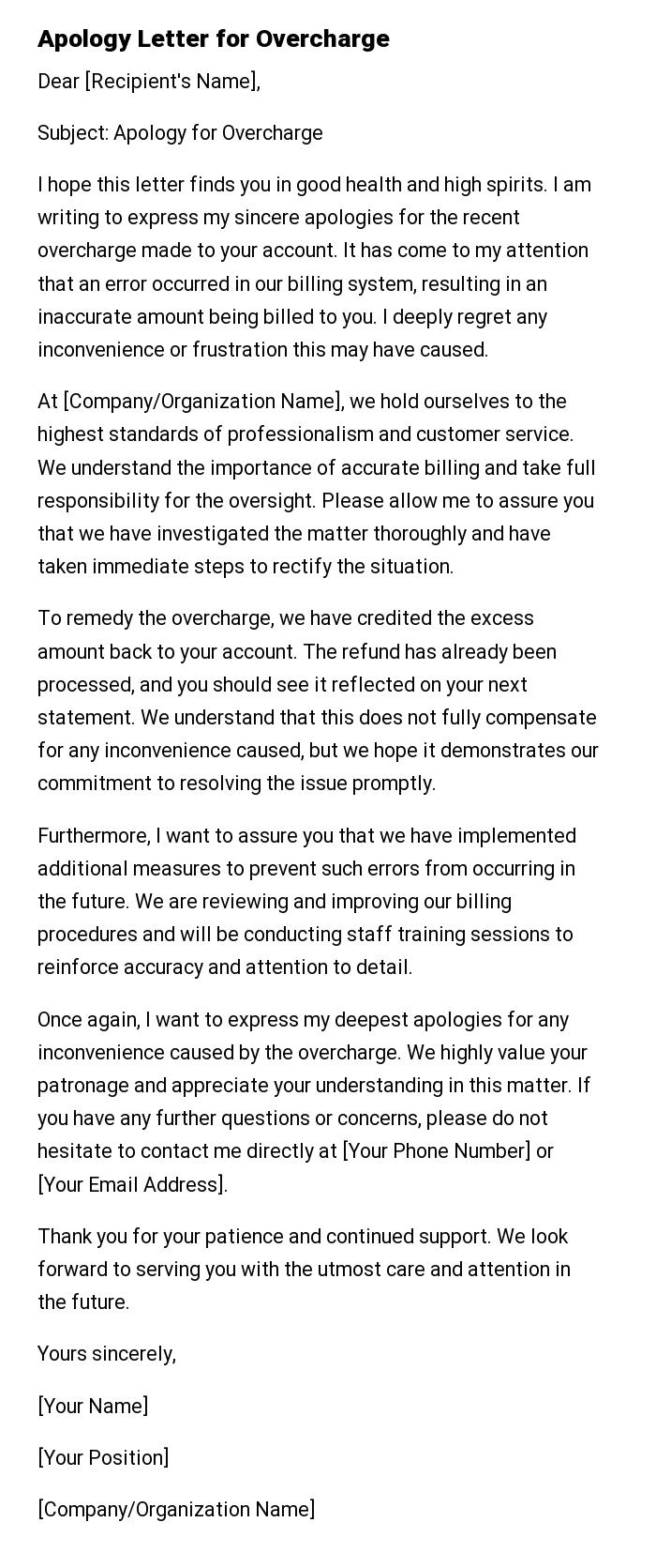 Apology Letter for Overcharge