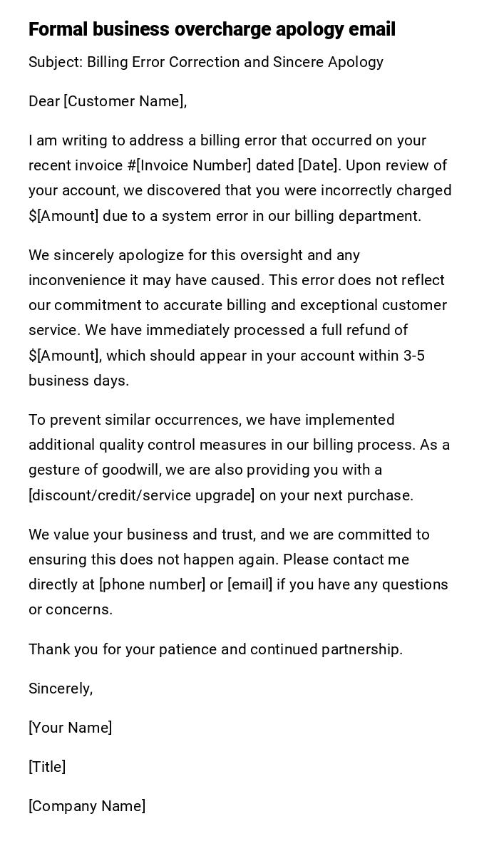 Formal business overcharge apology email Formal business overcharge apology email