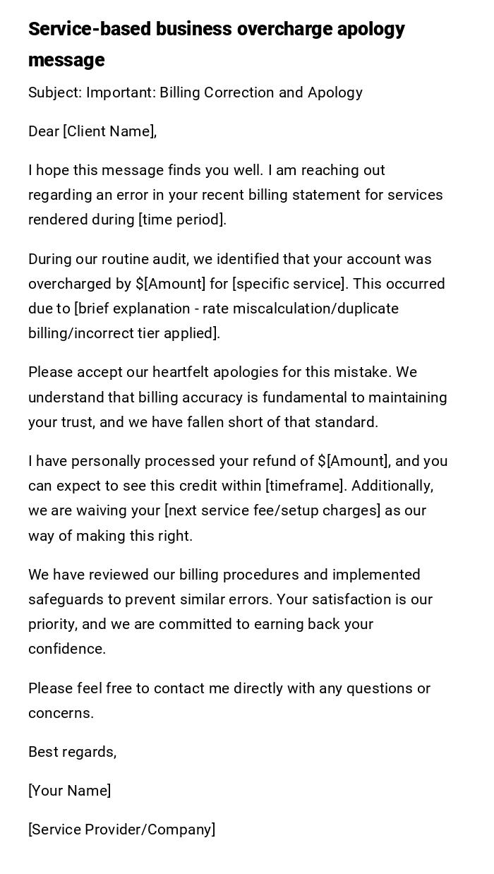 Service-based business overcharge apology message Service-based business overcharge apology message