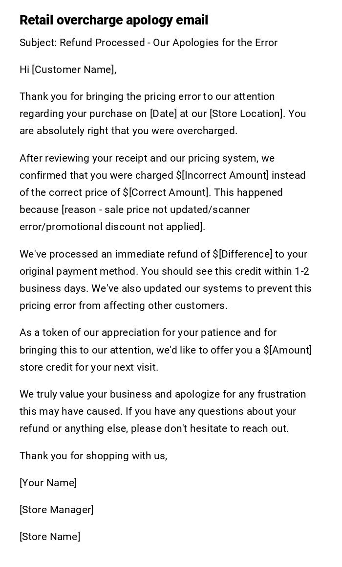 Retail overcharge apology email Retail overcharge apology email