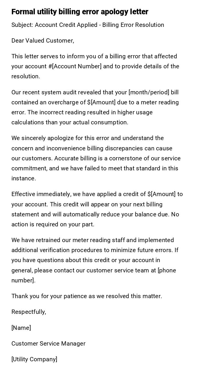 Formal utility billing error apology letter Formal utility billing error apology letter